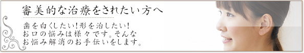 審美的な治療をされたい方へ　歯を白くしたい　形を治したい　お口の悩みはさまざまです。そんなお悩み解消のお手伝いをしたます。